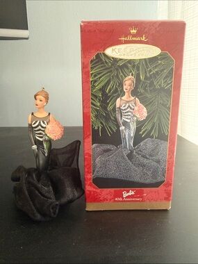 Hallmark Barbie Ornament in Black Gown with Pink Bouquet